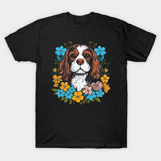 King Charles Spaniel with daisies illustration T-Shirt by gezwaters